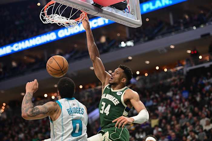 Milwaukee Bucks forward Giannis Antetokounmpo (34) dunks the ball against Charlotte Hornets forward Miles Bridges (0)